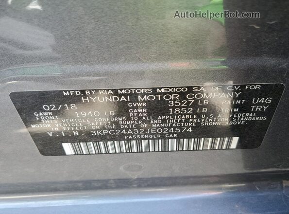 3KPC24A32JE024574 2018 HYUNDAI ACCENT Gray Widok komory silnika