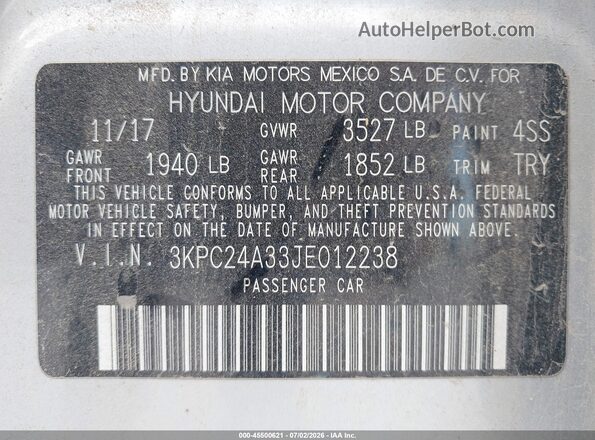 3KPC24A33JE012238 2018 HYUNDAI ACCENT Silver Engine compartment view