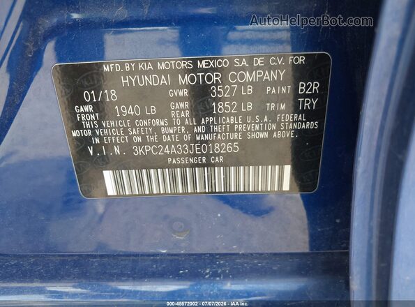 3KPC24A33JE018265 2018 HYUNDAI ACCENT Blue Engine compartment view