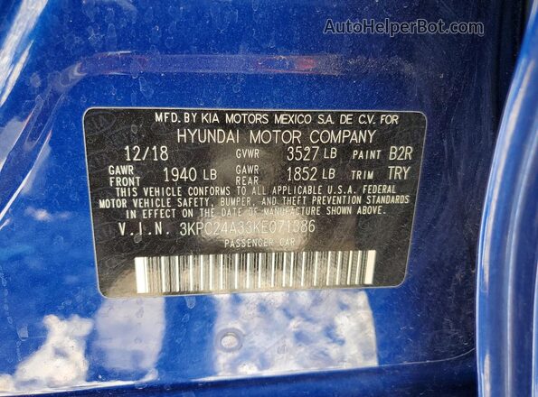 3KPC24A33KE071386 2019 HYUNDAI ACCENT Blue Vista de la etiqueta del VIN