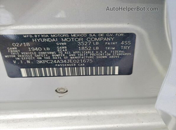 3KPC24A34JE021675 2018 HYUNDAI ACCENT Gray Вид підкапотного простору