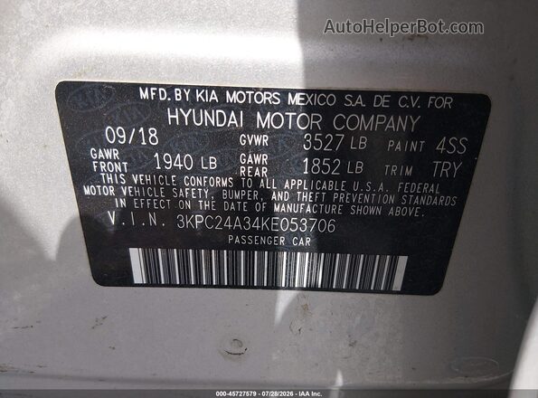 3KPC24A34KE053706 2019 HYUNDAI ACCENT Silver Engine compartment view