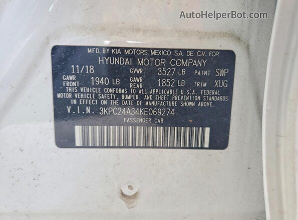 3KPC24A34KE069274 2019 HYUNDAI ACCENT White Вид підкапотного простору