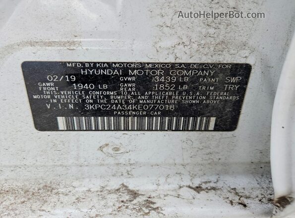 3KPC24A34KE077018 2019 HYUNDAI ACCENT Белый Вид подкапотного пространства