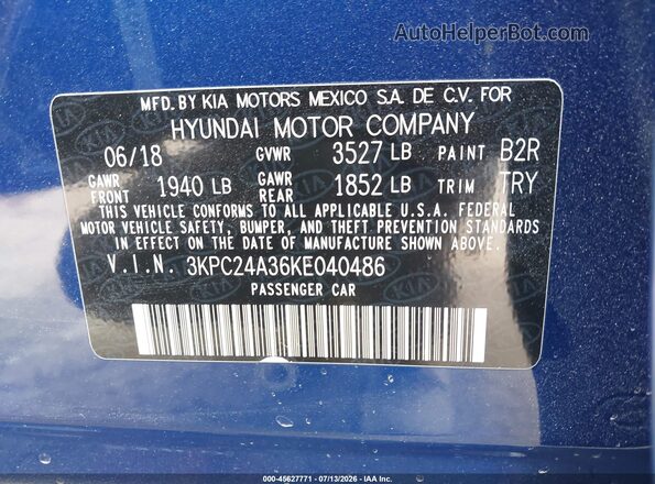 3KPC24A36KE040486 2019 HYUNDAI ACCENT Синий Вид подкапотного пространства