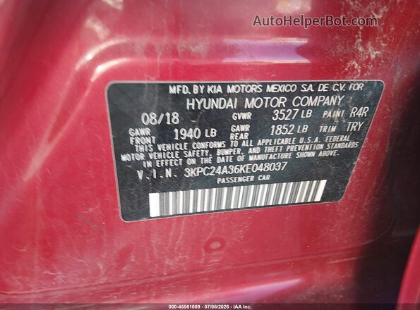 3KPC24A36KE048037 2019 HYUNDAI ACCENT Red ძრავის განყოფილების ხედი