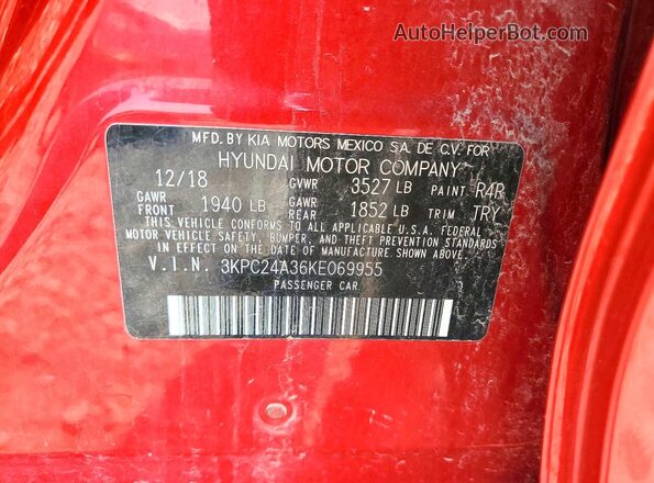 3KPC24A36KE069955 2019 HYUNDAI ACCENT Red Widok komory silnika
