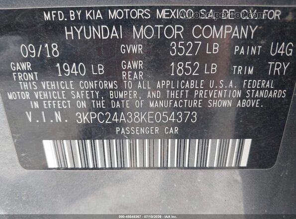 3KPC24A38KE054373 2019 HYUNDAI ACCENT Gray Widok komory silnika