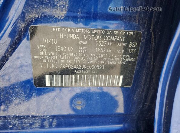 3KPC24A39KE060893 2019 HYUNDAI ACCENT Blue Widok komory silnika