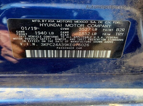 3KPC24A39KE076026 2019 HYUNDAI ACCENT Blue Engine compartment view