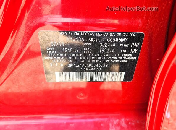 3KPC24A3XKE045139 2019 HYUNDAI ACCENT Красный Вид подкапотного пространства