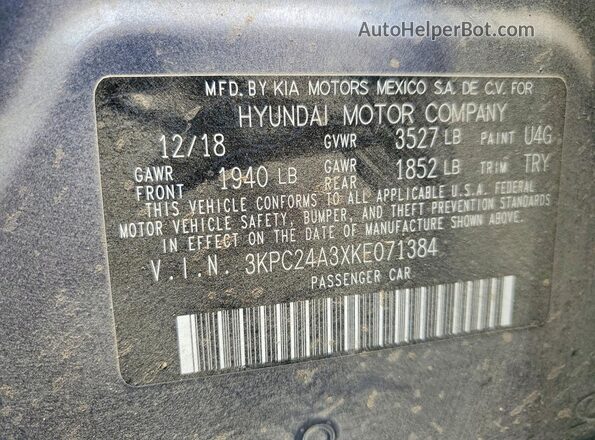 3KPC24A3XKE071384 2019 HYUNDAI ACCENT Gray Vista del compartimento del motor
