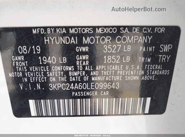 3KPC24A60LE099643 2020 HYUNDAI ACCENT White Շարժիչի բաժամունքի տեսք