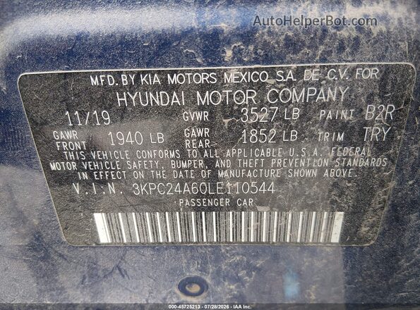 3KPC24A60LE110544 2020 HYUNDAI ACCENT Blue Вид підкапотного простору