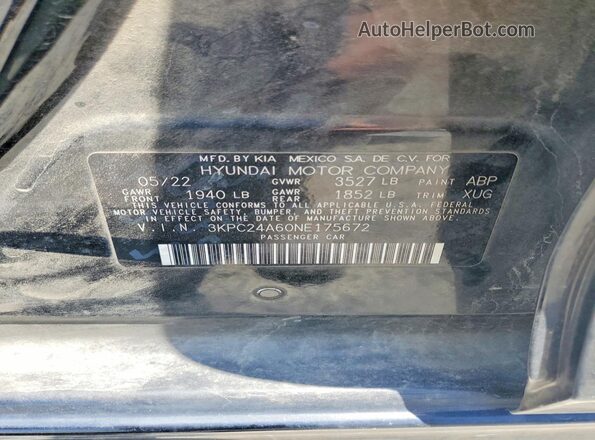 3KPC24A60NE175672 2022 HYUNDAI ACCENT Black Vista del compartimento del motor