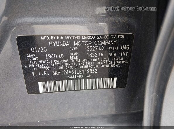 3KPC24A61LE119852 2020 HYUNDAI ACCENT Gray Вид підкапотного простору