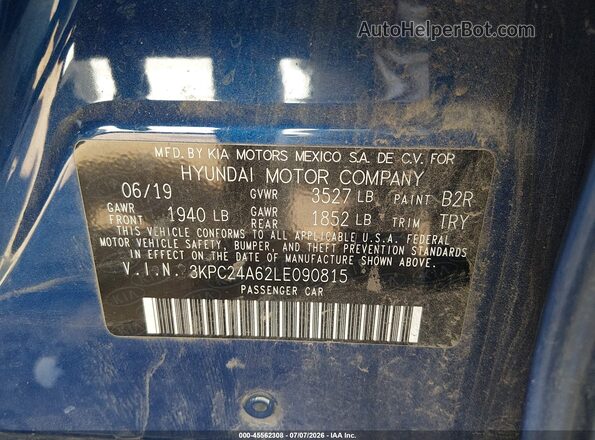3KPC24A62LE090815 2020 HYUNDAI ACCENT Blue ძრავის განყოფილების ხედი