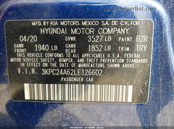 3KPC24A62LE126602 2020 HYUNDAI ACCENT Blue Вид підкапотного простору