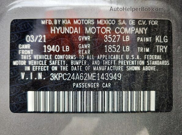 3KPC24A62ME143949 2021 HYUNDAI ACCENT Gray Widok komory silnika