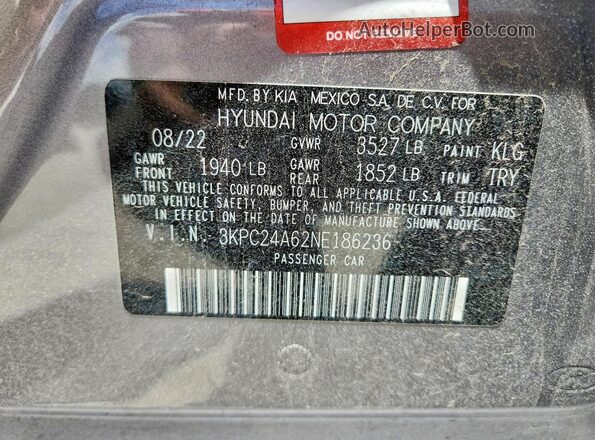 3KPC24A62NE186236 2022 HYUNDAI ACCENT Серебряный Вид наклейки с VIN-кодом