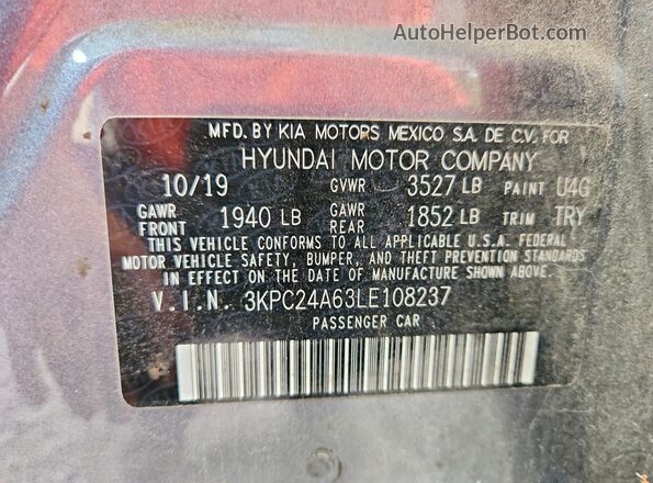 3KPC24A63LE108237 2020 HYUNDAI ACCENT Gray ძრავის განყოფილების ხედი