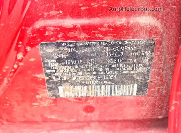 3KPC24A63LE116354 2020 HYUNDAI ACCENT Red Vista de la etiqueta del VIN