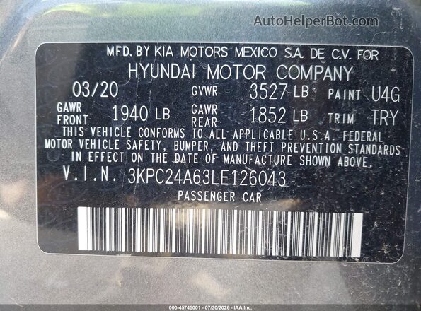 3KPC24A63LE126043 2020 HYUNDAI ACCENT Gray ძრავის განყოფილების ხედი