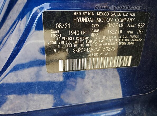 3KPC24A63NE153875 2022 HYUNDAI ACCENT Blue Widok komory silnika