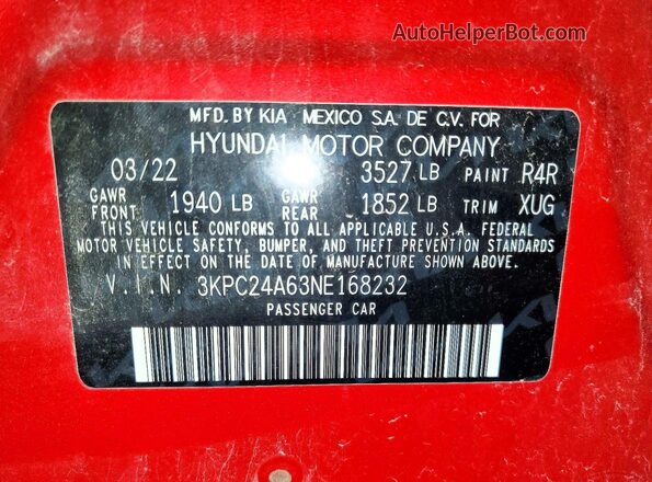 3KPC24A63NE168232 2022 HYUNDAI ACCENT Red ძრავის განყოფილების ხედი