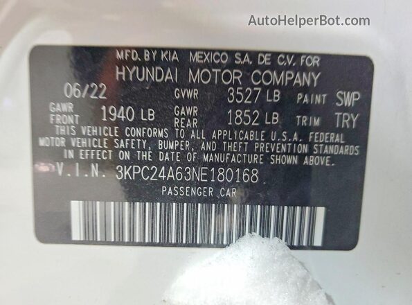 3KPC24A63NE180168 2022 HYUNDAI ACCENT White Vista de la etiqueta del VIN
