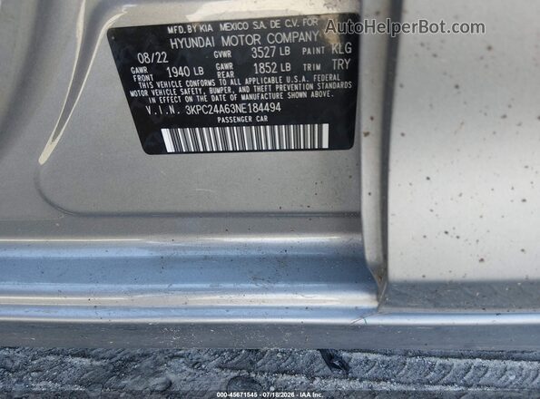 3KPC24A63NE184494 2022 HYUNDAI ACCENT Gray Vista del compartimento del motor