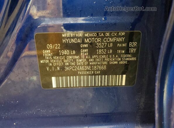 3KPC24A63NE187668 2022 HYUNDAI ACCENT Blue ძრავის განყოფილების ხედი