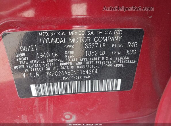 3KPC24A65NE154364 2022 HYUNDAI ACCENT Red ძრავის განყოფილების ხედი