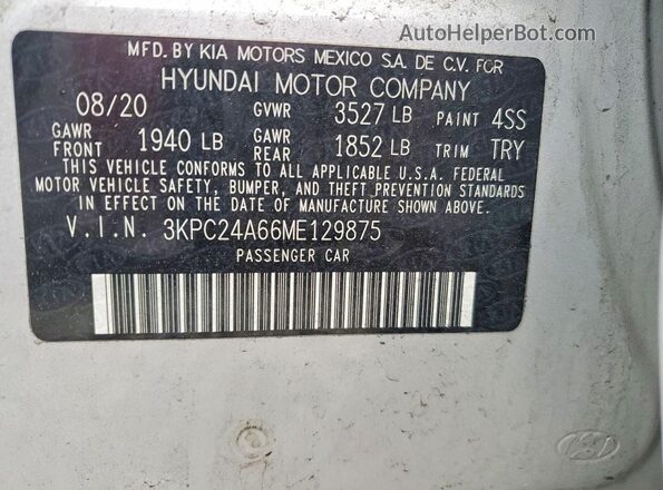 3KPC24A66ME129875 2021 HYUNDAI ACCENT Silver Вид наклейки з VIN-кодом