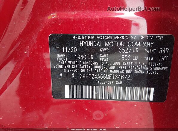 3KPC24A66ME134672 2021 HYUNDAI ACCENT Red Вид підкапотного простору