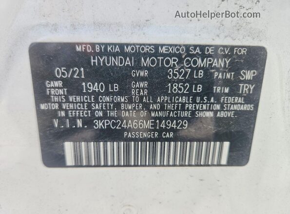 3KPC24A66ME149429 2021 HYUNDAI ACCENT Белый Вид наклейки с VIN-кодом