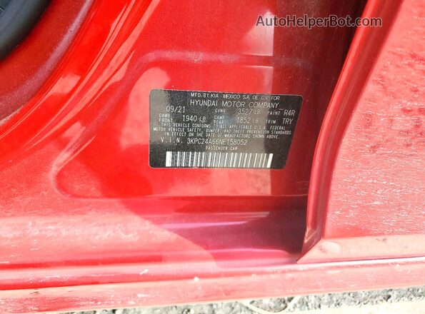 3KPC24A66NE158052 2022 HYUNDAI ACCENT/L Burgundy Vista del compartimento del motor