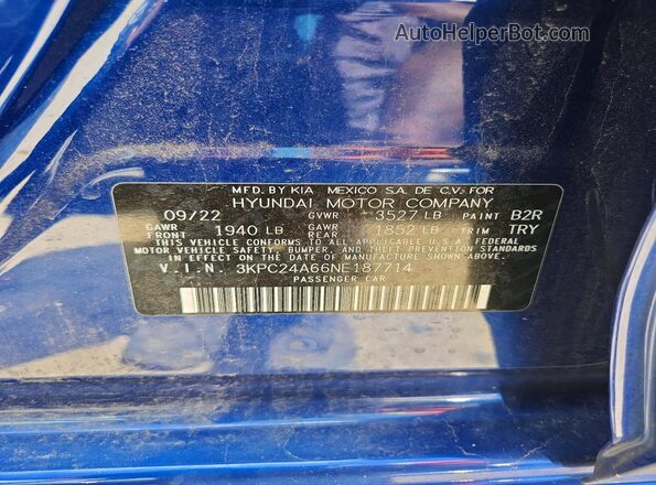3KPC24A66NE187714 2022 HYUNDAI ACCENT Blue Շարժիչի բաժամունքի տեսք