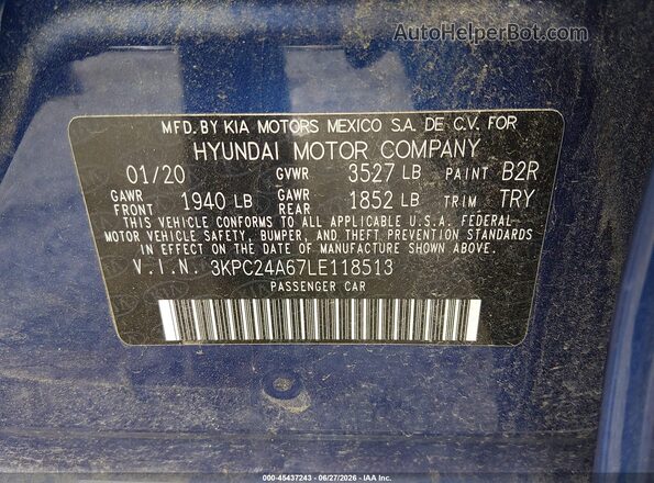 3KPC24A67LE118513 2020 HYUNDAI ACCENT Blue Vista del compartimento del motor