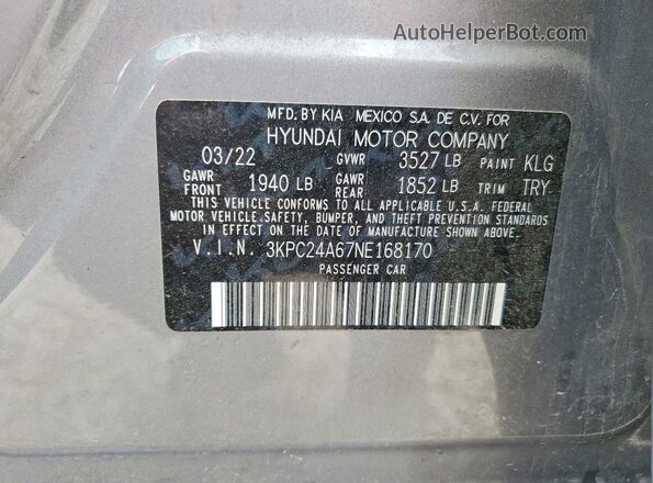 3KPC24A67NE168170 2022 HYUNDAI ACCENT Silver VIN კოდის სტიკერის ხედი