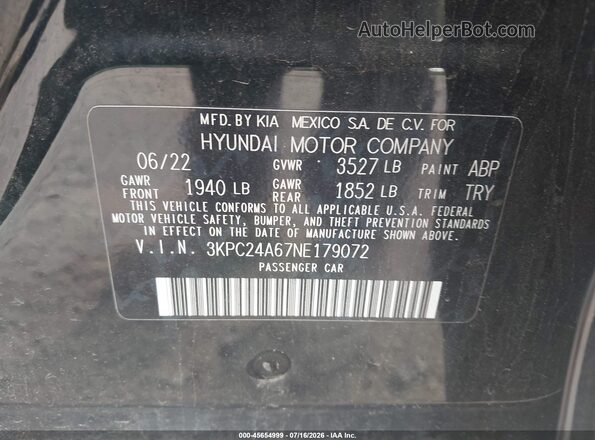 3KPC24A67NE179072 2022 HYUNDAI ACCENT Black Vista del compartimento del motor