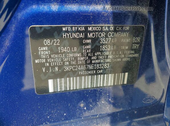 3KPC24A67NE183283 2022 HYUNDAI ACCENT Blue Widok naklejki z numerem VIN