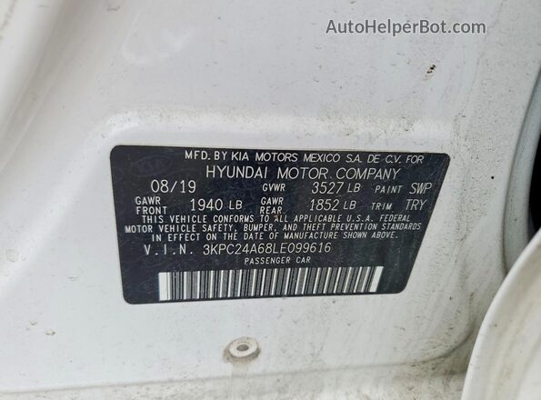 3KPC24A68LE099616 2020 HYUNDAI ACCENT White VIN კოდის სტიკერის ხედი
