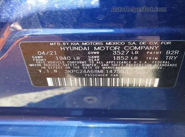 3KPC24A68ME147553 2021 HYUNDAI ACCENT Blue Vista de la etiqueta del VIN