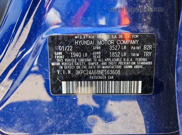 3KPC24A68NE163608 2022 HYUNDAI ACCENT Blue ძრავის განყოფილების ხედი