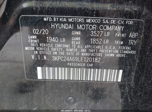 3KPC24A69LE120182 2020 HYUNDAI ACCENT Black ძრავის განყოფილების ხედი