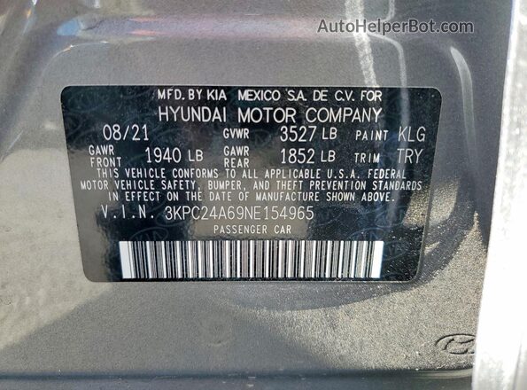 3KPC24A69NE154965 2022 HYUNDAI ACCENT Gray VIN sticker view
