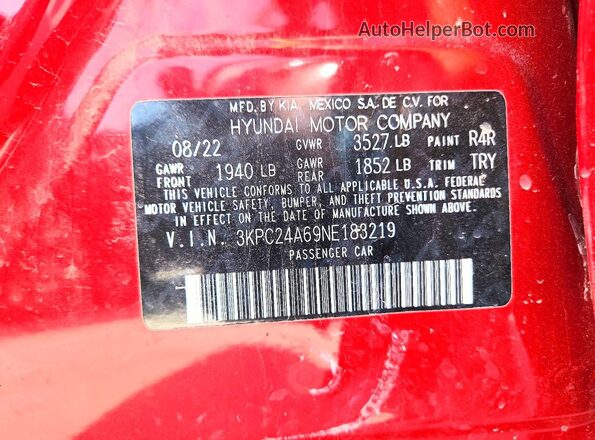 3KPC24A69NE183219 2022 HYUNDAI ACCENT Maroon Vista del compartimento del motor