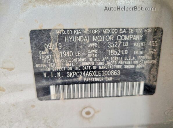 3KPC24A6XLE100863 2020 HYUNDAI ACCENT Серебряный Вид подкапотного пространства