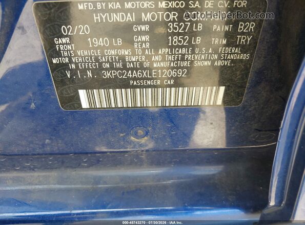 3KPC24A6XLE120692 2020 HYUNDAI ACCENT Синий Вид подкапотного пространства